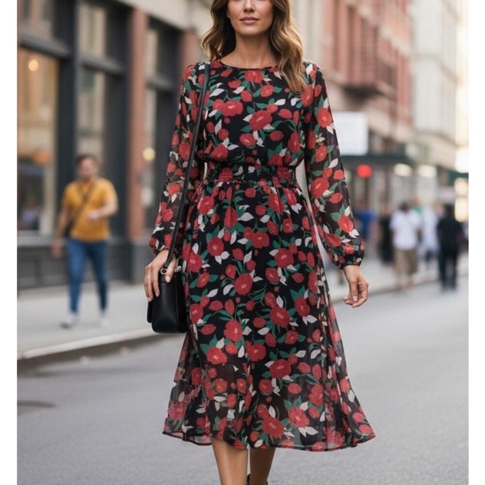 Louna Black Red  Floral Chiffon Midi Dress SMALL Work Long Sleeve Designer $98